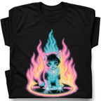 SF_COLOR=black; SF_ITEM=adult-t-shirt; SF_ROLE=gallery; Neon Flame Kitten T-Shirt YK Aesthetic Airbrush Style Cute Glowing Cat Tee - Black Adult T-Shirt product image