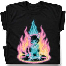 SF_COLOR=black; SF_ITEM=adult-t-shirt; SF_ROLE=gallery; Neon Flame Kitten T-Shirt YK Aesthetic Airbrush Style Cute Glowing Cat Tee - Black Adult T-Shirt product image