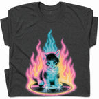 SF_COLOR=dark-heather; SF_ITEM=adult-t-shirt; SF_ROLE=gallery; Neon Flame Kitten T-Shirt YK Aesthetic Airbrush Style Cute Glowing Cat Tee - Dark Heather Adult T-Shirt product image