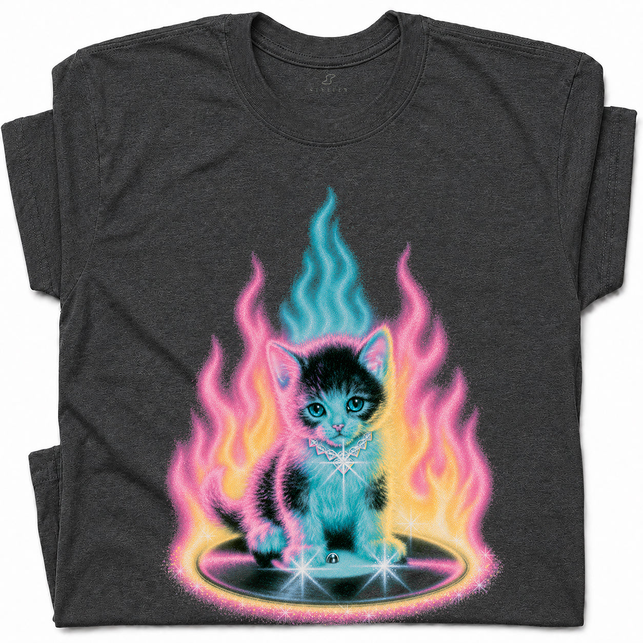 SF_COLOR=dark-heather; SF_ITEM=adult-t-shirt; SF_ROLE=gallery; Neon Flame Kitten T-Shirt YK Aesthetic Airbrush Style Cute Glowing Cat Tee - Dark Heather Adult T-Shirt product image