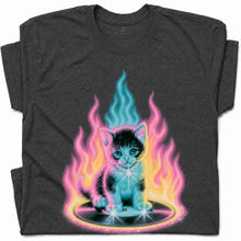 SF_COLOR=dark-heather; SF_ITEM=adult-t-shirt; SF_ROLE=gallery; Neon Flame Kitten T-Shirt YK Aesthetic Airbrush Style Cute Glowing Cat Tee - Dark Heather Adult T-Shirt product image