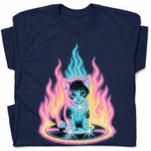 SF_COLOR=navy; SF_ITEM=adult-t-shirt; SF_ROLE=gallery; Neon Flame Kitten T-Shirt YK Aesthetic Airbrush Style Cute Glowing Cat Tee - Navy Adult T-Shirt product image