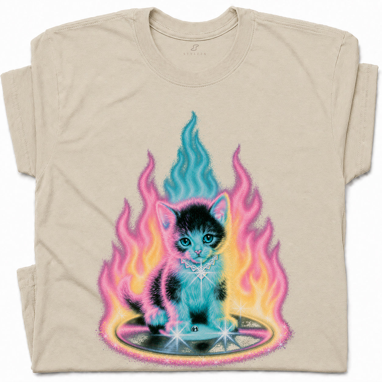 SF_COLOR=sand; SF_ITEM=adult-t-shirt; SF_ROLE=gallery; Neon Flame Kitten T-Shirt YK Aesthetic Airbrush Style Cute Glowing Cat Tee - Sand Adult T-Shirt product image