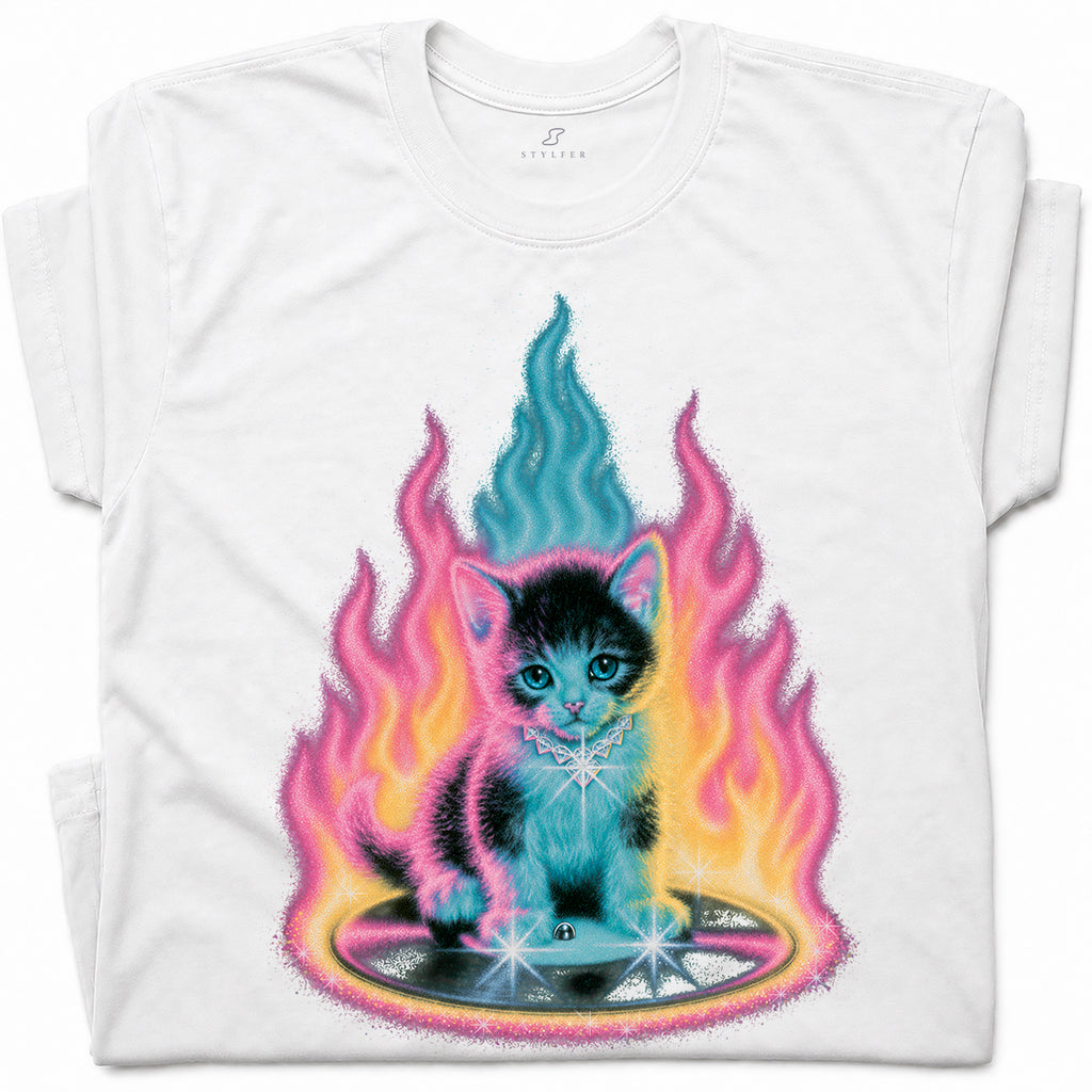SF_COLOR=white; SF_ITEM=adult-t-shirt; SF_ROLE=gallery; Neon Flame Kitten T-Shirt YK Aesthetic Airbrush Style Cute Glowing Cat Tee - White Adult T-Shirt product image