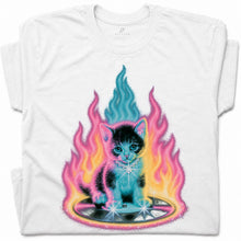 SF_COLOR=white; SF_ITEM=adult-t-shirt; SF_ROLE=gallery; Neon Flame Kitten T-Shirt YK Aesthetic Airbrush Style Cute Glowing Cat Tee - White Adult T-Shirt product image