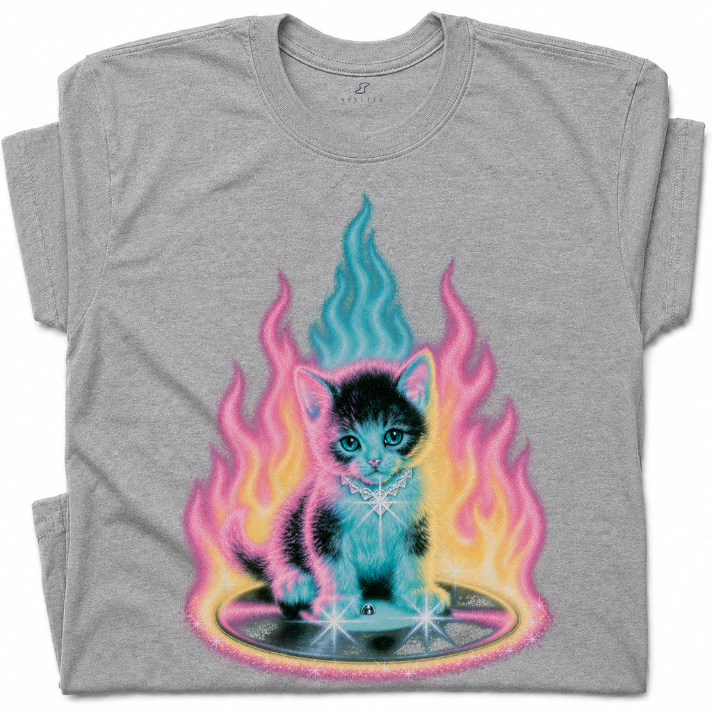SF_COLOR=sport-grey; SF_ITEM=adult-t-shirt; SF_ROLE=gallery; Neon Flame Kitten T-Shirt YK Aesthetic Airbrush Style Cute Glowing Cat Tee - Sport Grey Adult T-Shirt product image