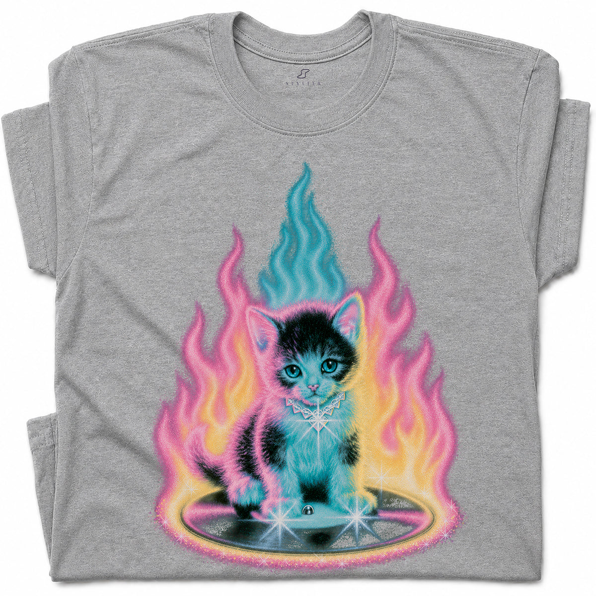 SF_COLOR=sport-grey; SF_ITEM=adult-t-shirt; SF_ROLE=gallery; Neon Flame Kitten T-Shirt YK Aesthetic Airbrush Style Cute Glowing Cat Tee - Sport Grey Adult T-Shirt product image