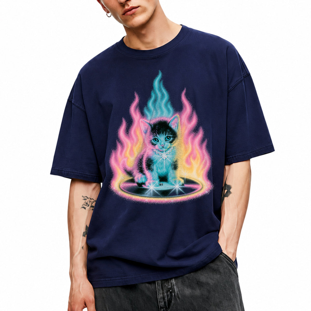 SF_COLOR=navy; SF_ITEM=adult-t-shirt; SF_ROLE=main; Neon Flame Kitten T-Shirt YK Aesthetic Airbrush Style Cute Glowing Cat Tee - Navy Adult T-Shirt product image