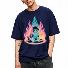 SF_COLOR=navy; SF_ITEM=adult-t-shirt; SF_ROLE=main; Neon Flame Kitten T-Shirt YK Aesthetic Airbrush Style Cute Glowing Cat Tee - Navy Adult T-Shirt product image