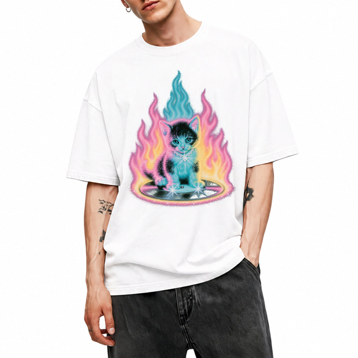 SF_COLOR=white; SF_ITEM=adult-t-shirt; SF_ROLE=main; Neon Flame Kitten T-Shirt YK Aesthetic Airbrush Style Cute Glowing Cat Tee - White Adult T-Shirt product image
