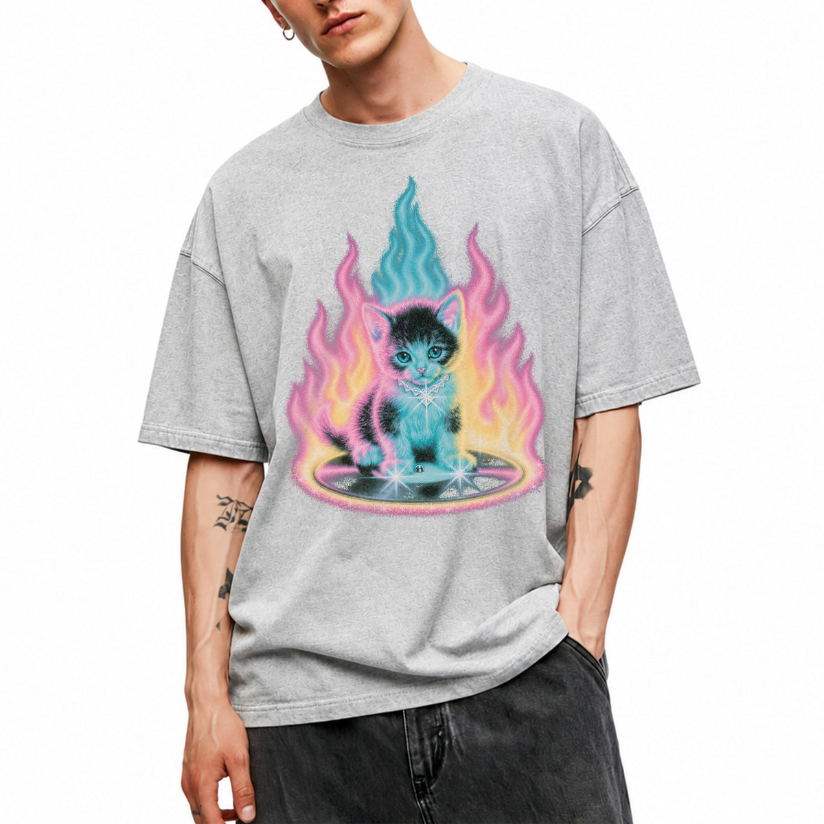 SF_COLOR=sport-grey; SF_ITEM=adult-t-shirt; SF_ROLE=main; Neon Flame Kitten T-Shirt YK Aesthetic Airbrush Style Cute Glowing Cat Tee - Sport Grey Adult T-Shirt product image