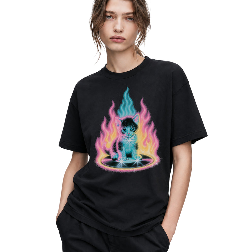 SF_COLOR=black; SF_ITEM=adult-t-shirt; SF_ROLE=gallery; Neon Flame Kitten T-Shirt YK Aesthetic Airbrush Style Cute Glowing Cat Tee - Black Adult T-Shirt product image