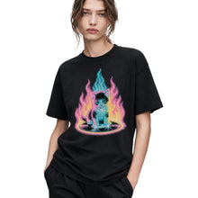 SF_COLOR=black; SF_ITEM=adult-t-shirt; SF_ROLE=gallery; Neon Flame Kitten T-Shirt YK Aesthetic Airbrush Style Cute Glowing Cat Tee - Black Adult T-Shirt product image