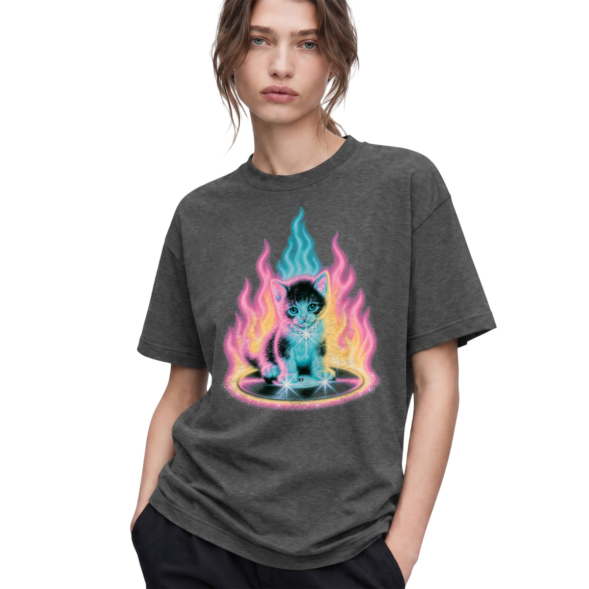 SF_COLOR=dark-heather; SF_ITEM=adult-t-shirt; SF_ROLE=gallery; Neon Flame Kitten T-Shirt YK Aesthetic Airbrush Style Cute Glowing Cat Tee - Dark Heather Adult T-Shirt product image