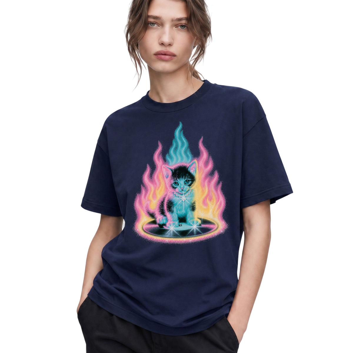 SF_COLOR=navy; SF_ITEM=adult-t-shirt; SF_ROLE=gallery; Neon Flame Kitten T-Shirt YK Aesthetic Airbrush Style Cute Glowing Cat Tee - Navy Adult T-Shirt product image