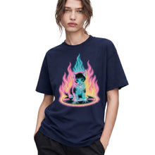 SF_COLOR=navy; SF_ITEM=adult-t-shirt; SF_ROLE=gallery; Neon Flame Kitten T-Shirt YK Aesthetic Airbrush Style Cute Glowing Cat Tee - Navy Adult T-Shirt product image