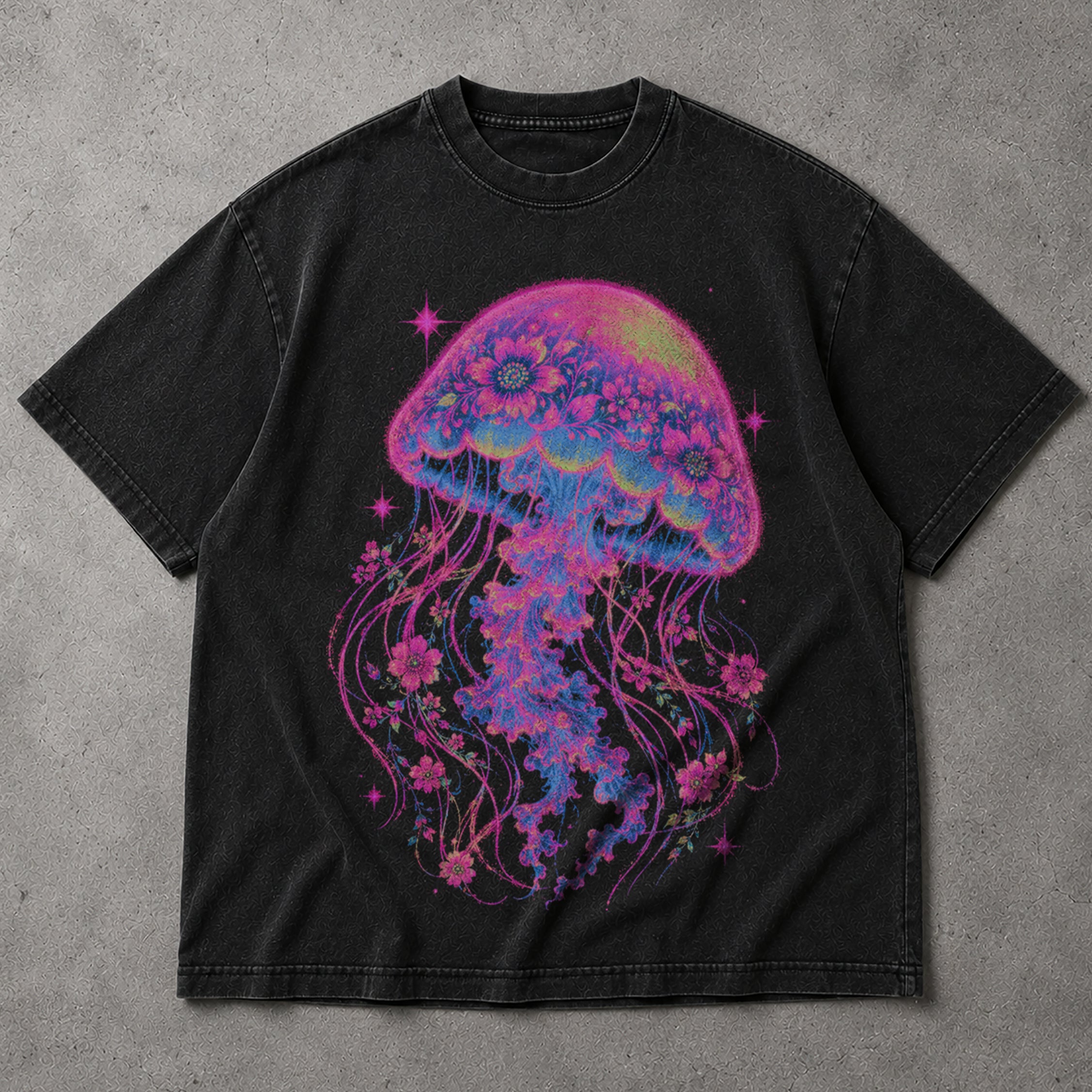 SF_COLOR=black; SF_ITEM=adult-t-shirt; SF_ROLE=main; Neon Jellyfish Floral T-Shirt Glowing Ocean Animal Deep Sea Biology Apparel - Black Adult T-Shirt product image