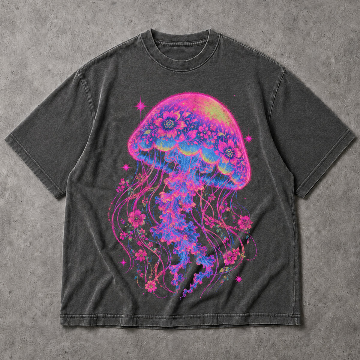 SF_COLOR=dark-heather; SF_ITEM=adult-t-shirt; SF_ROLE=main; Neon Jellyfish Floral T-Shirt Glowing Ocean Animal Deep Sea Biology Apparel - Dark Heather Adult T-Shirt product image