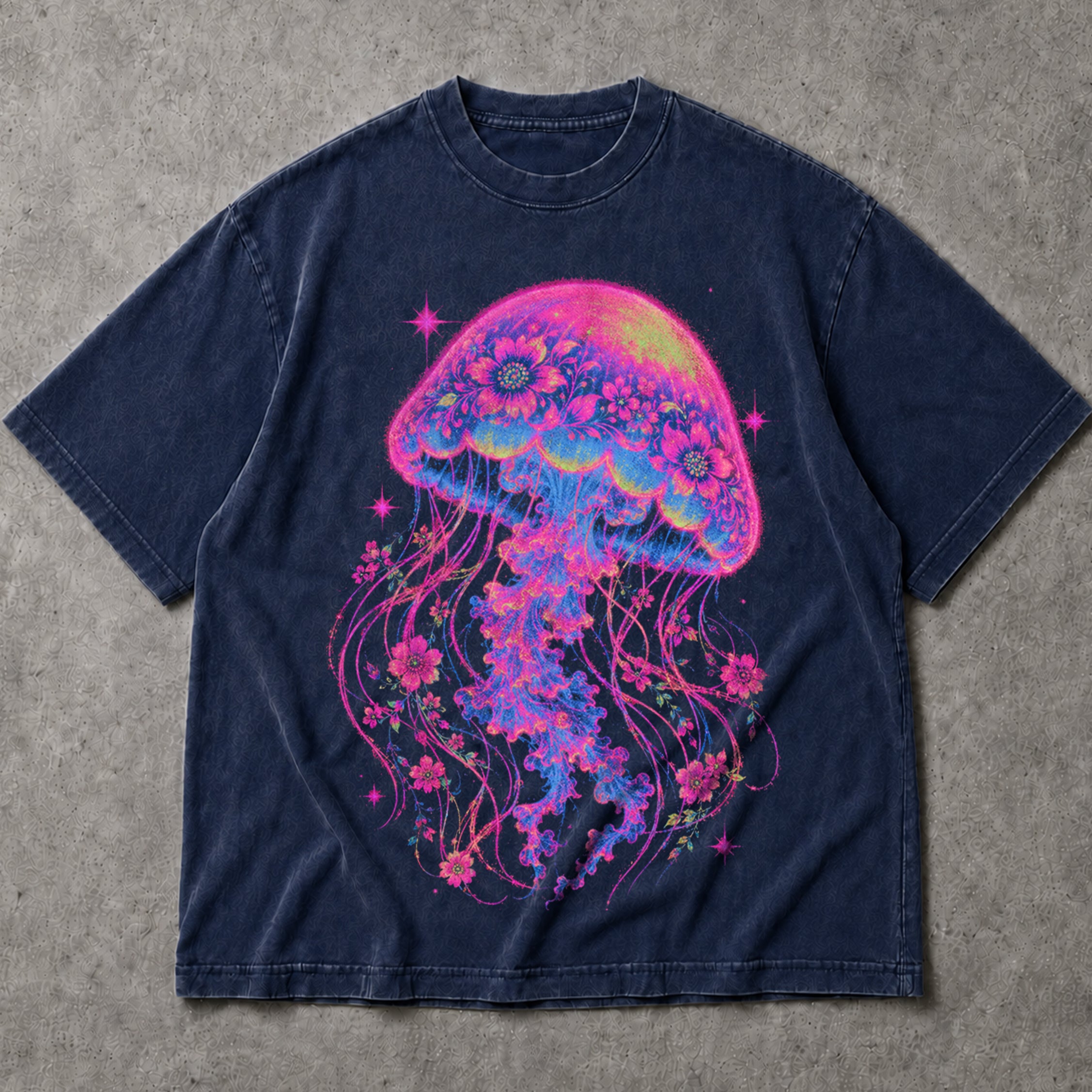 SF_COLOR=navy; SF_ITEM=adult-t-shirt; SF_ROLE=main; Neon Jellyfish Floral T-Shirt Glowing Ocean Animal Deep Sea Biology Apparel - Navy Adult T-Shirt product image