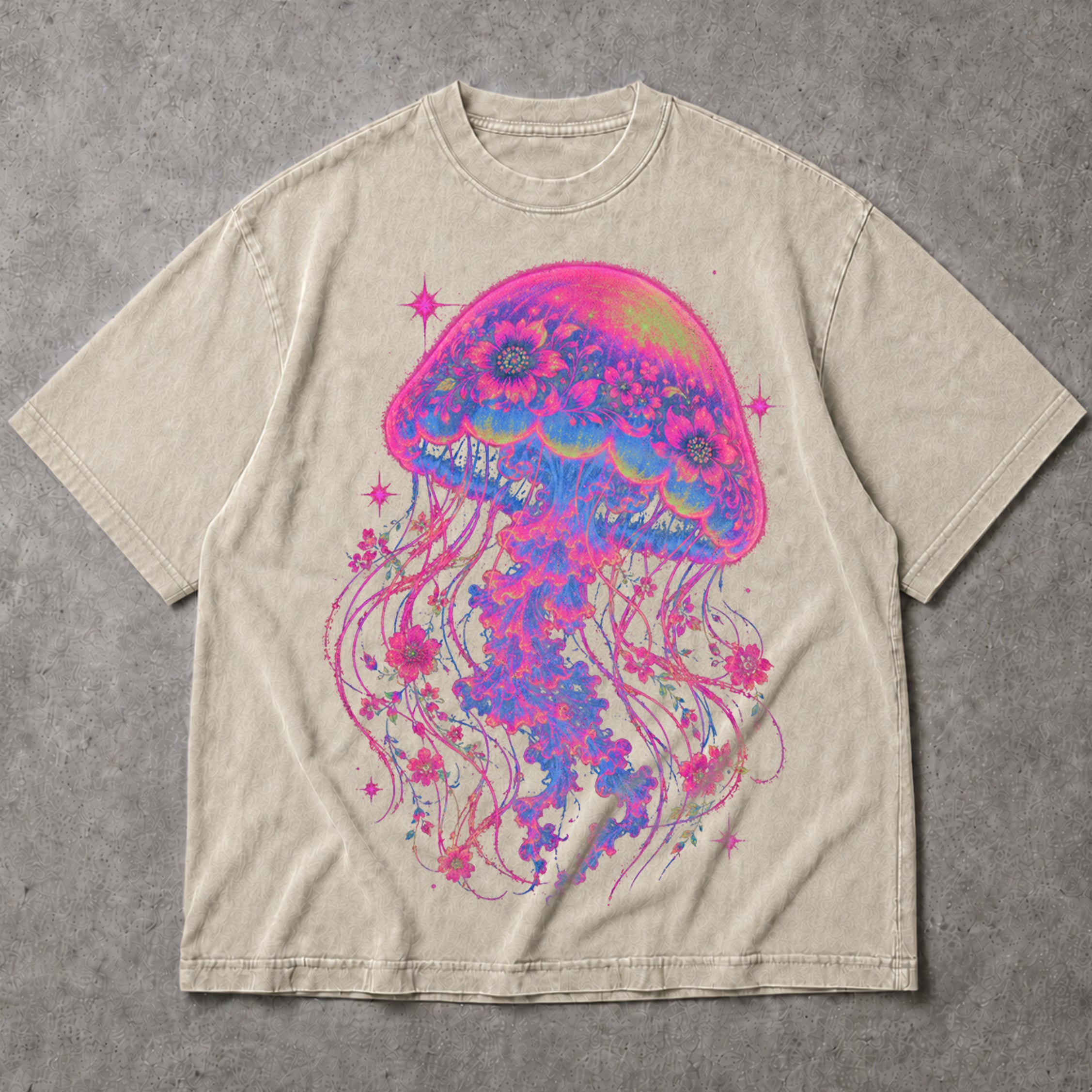 SF_COLOR=sand; SF_ITEM=adult-t-shirt; SF_ROLE=main; Neon Jellyfish Floral T-Shirt Glowing Ocean Animal Deep Sea Biology Apparel - Sand Adult T-Shirt product image