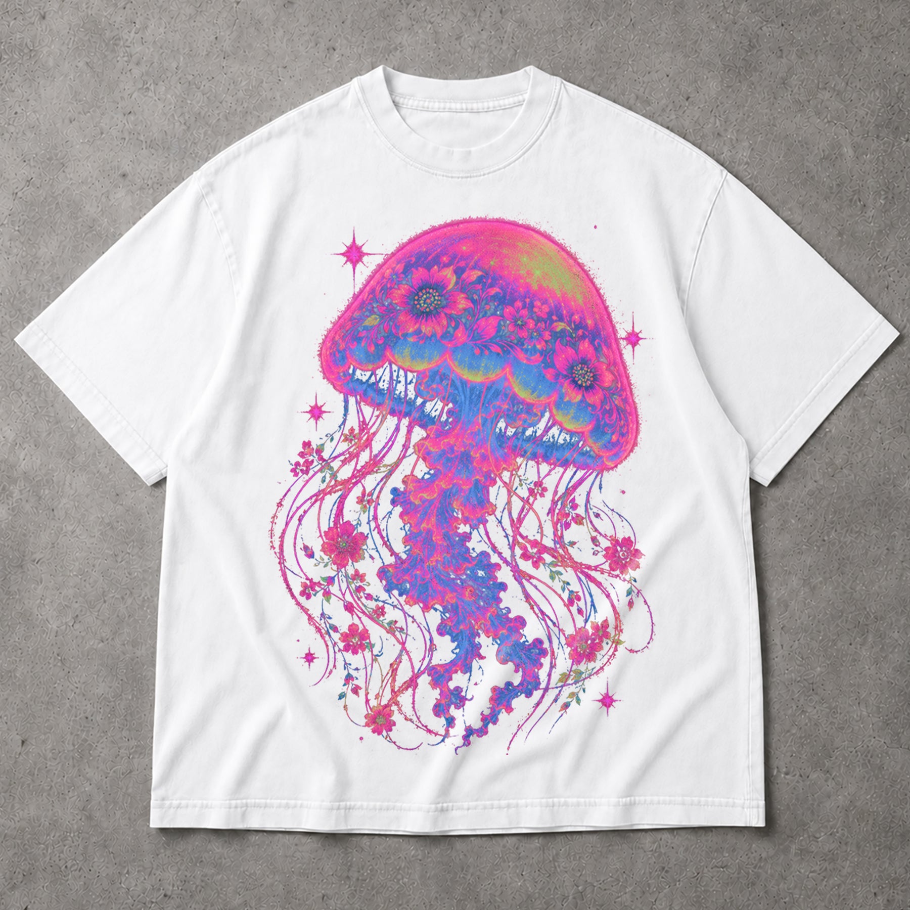 SF_COLOR=white; SF_ITEM=adult-t-shirt; SF_ROLE=main; Neon Jellyfish Floral T-Shirt Glowing Ocean Animal Deep Sea Biology Apparel - White Adult T-Shirt product image