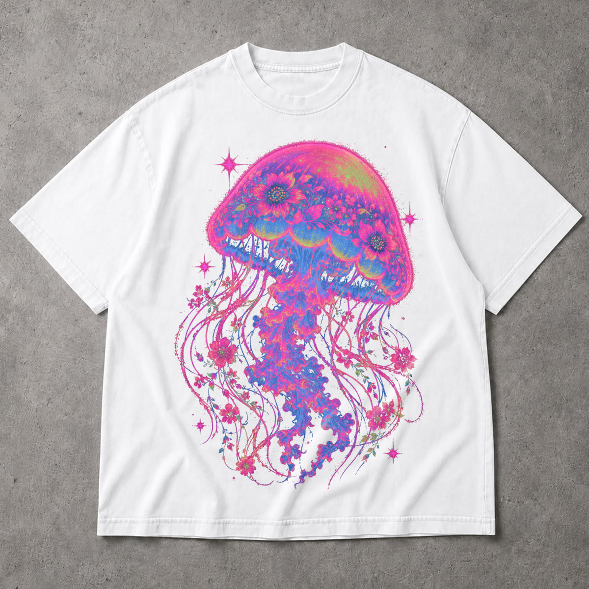 SF_COLOR=white; SF_ITEM=adult-t-shirt; SF_ROLE=main; Neon Jellyfish Floral T-Shirt Glowing Ocean Animal Deep Sea Biology Apparel - White Adult T-Shirt product image