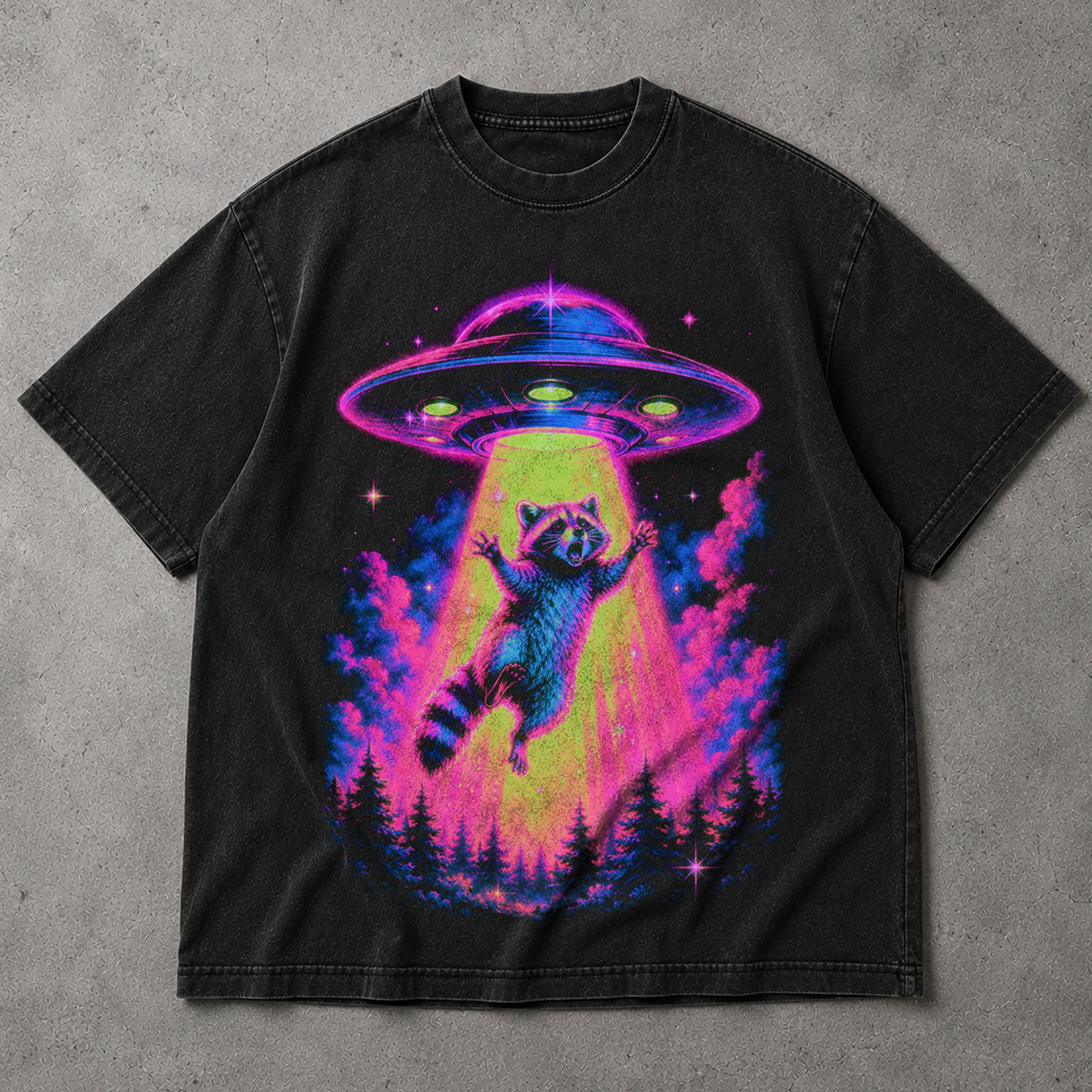 SF_COLOR=black; SF_ITEM=adult-t-shirt; SF_ROLE=main; Neon Raccoon UFO Abduction T-Shirt Funny Alien Tractor Beam Sci Fi Tee - Black Adult T-Shirt product image