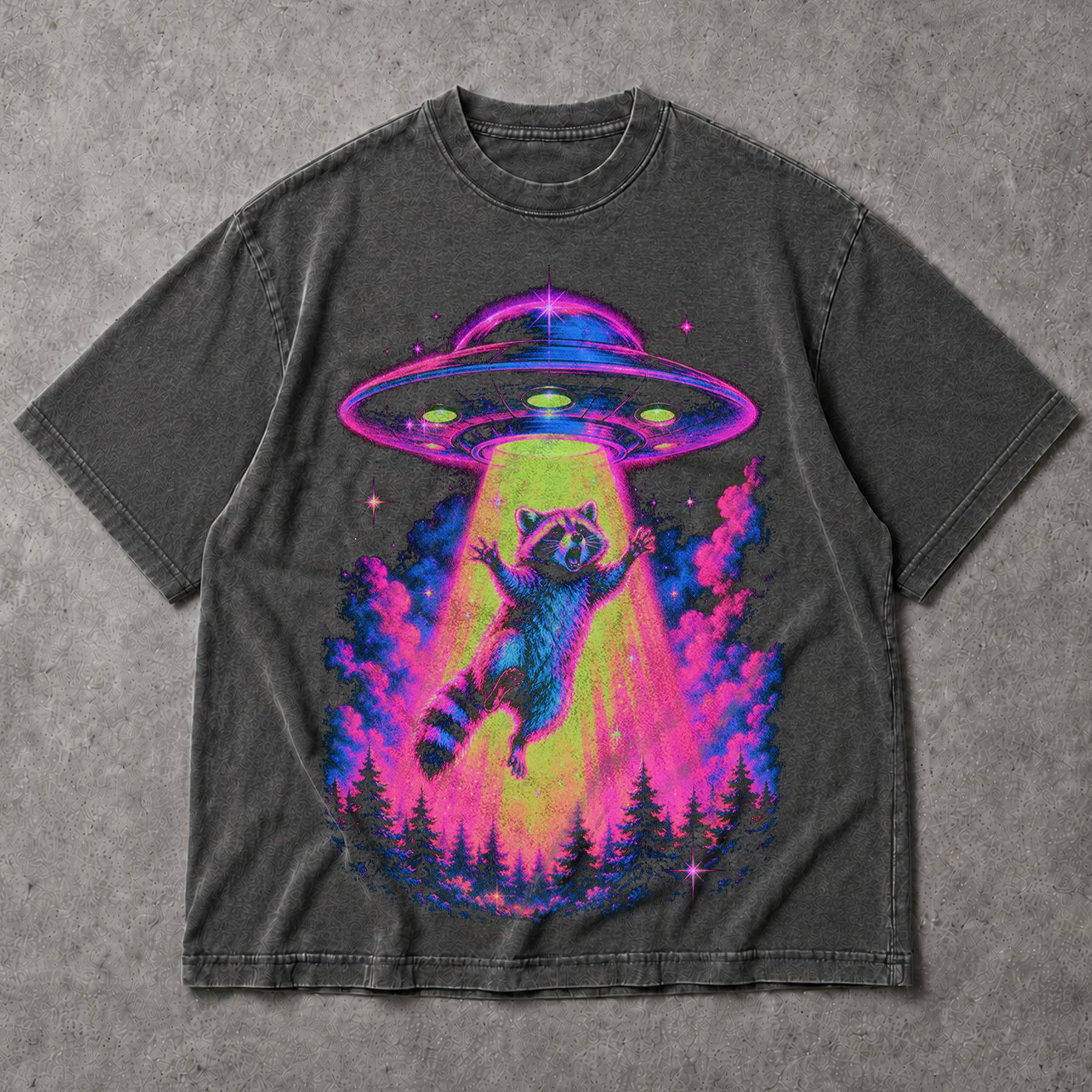 SF_COLOR=dark-heather; SF_ITEM=adult-t-shirt; SF_ROLE=main; Neon Raccoon UFO Abduction T-Shirt Funny Alien Tractor Beam Sci Fi Tee - Dark Heather Adult T-Shirt product image