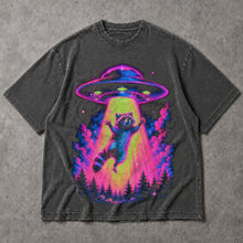 SF_COLOR=dark-heather; SF_ITEM=adult-t-shirt; SF_ROLE=main; Neon Raccoon UFO Abduction T-Shirt Funny Alien Tractor Beam Sci Fi Tee - Dark Heather Adult T-Shirt product image