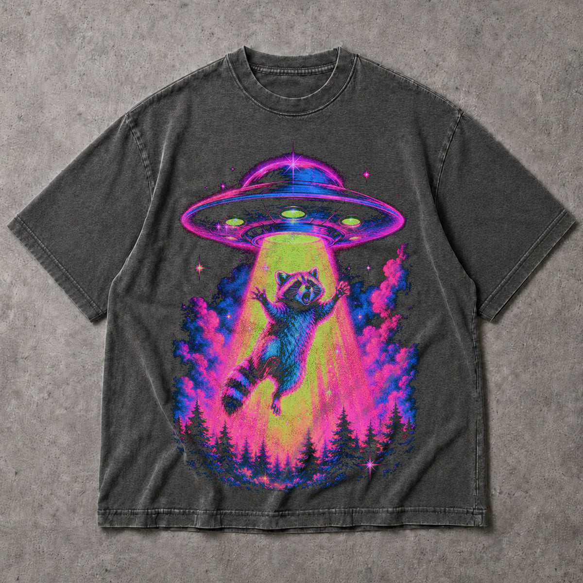 SF_COLOR=dark-heather; SF_ITEM=adult-t-shirt; SF_ROLE=main; Neon Raccoon UFO Abduction T-Shirt Funny Alien Tractor Beam Sci Fi Tee - Dark Heather Adult T-Shirt product image