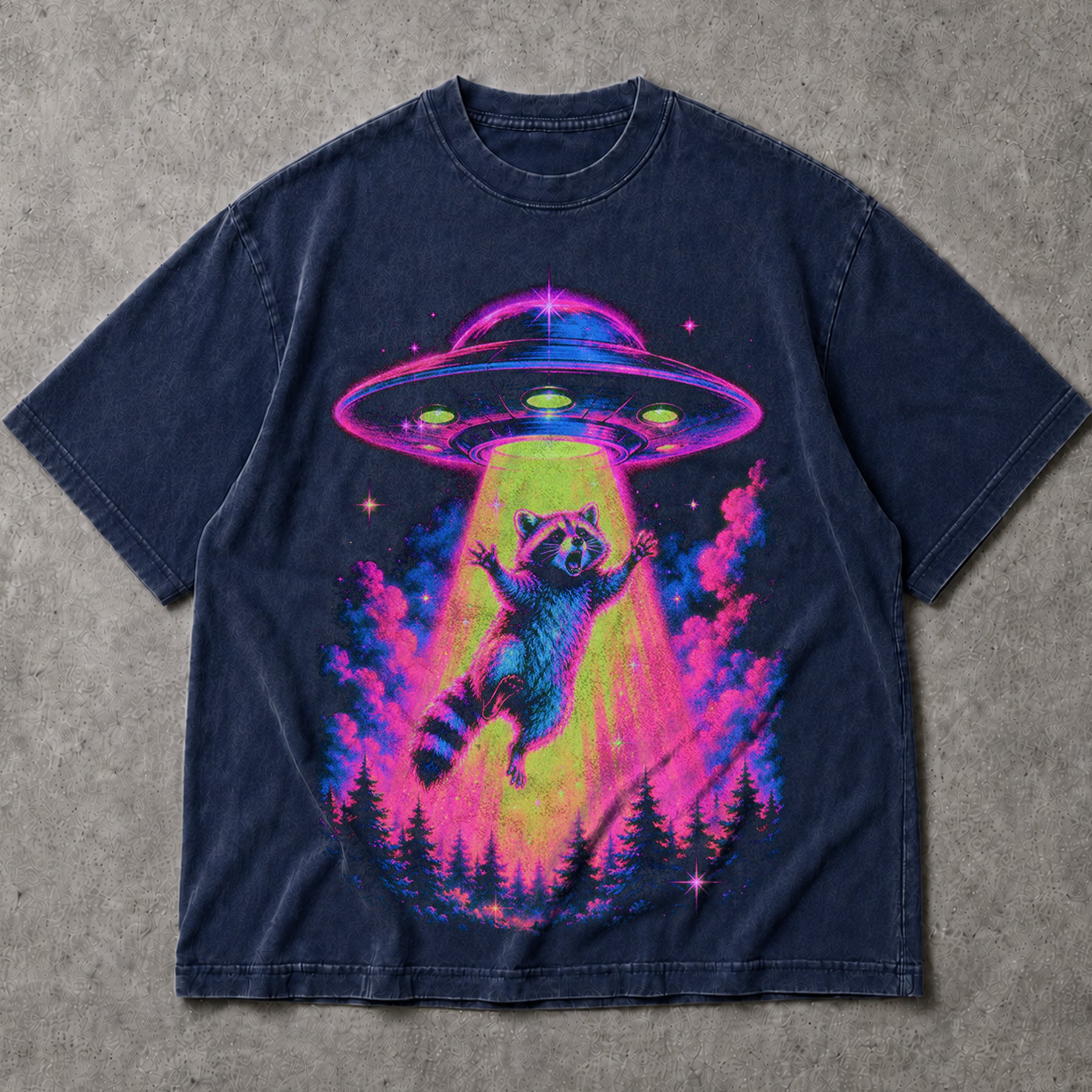 SF_COLOR=navy; SF_ITEM=adult-t-shirt; SF_ROLE=main; Neon Raccoon UFO Abduction T-Shirt Funny Alien Tractor Beam Sci Fi Tee - Navy Adult T-Shirt product image