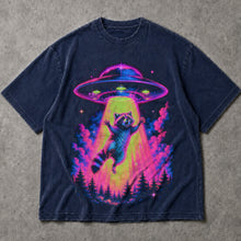 SF_COLOR=navy; SF_ITEM=adult-t-shirt; SF_ROLE=main; Neon Raccoon UFO Abduction T-Shirt Funny Alien Tractor Beam Sci Fi Tee - Navy Adult T-Shirt product image