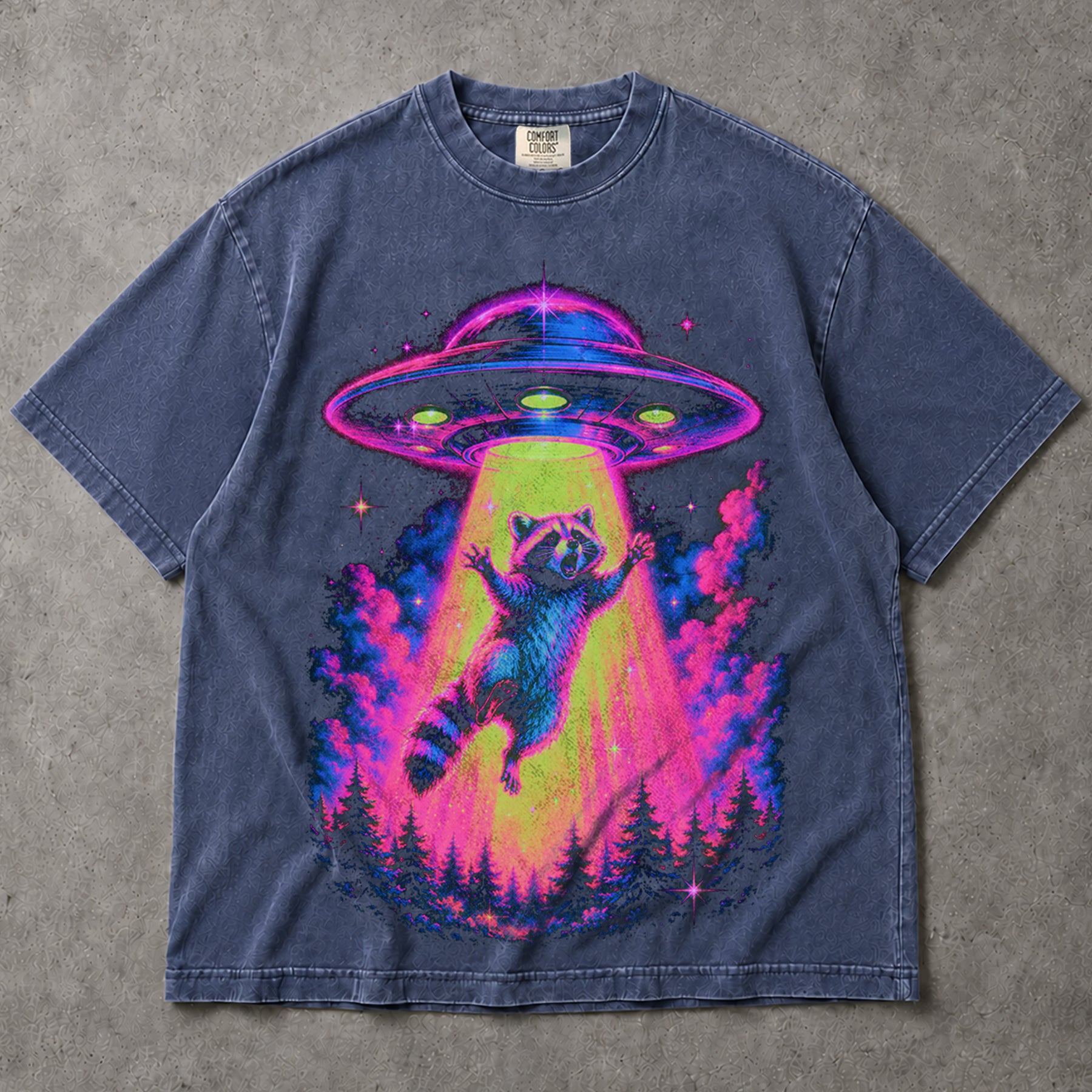 SF_COLOR=sport-grey|denim; SF_ITEM=adult-t-shirt; SF_ROLE=main; Neon Raccoon UFO Abduction T-Shirt Funny Alien Tractor Beam Sci Fi Tee - Sport Grey, Denim Adult T-Shirt product image