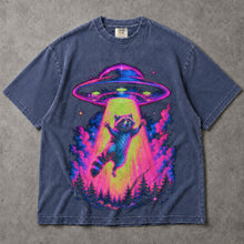 SF_COLOR=sport-grey|denim; SF_ITEM=adult-t-shirt; SF_ROLE=main; Neon Raccoon UFO Abduction T-Shirt Funny Alien Tractor Beam Sci Fi Tee - Sport Grey, Denim Adult T-Shirt product image