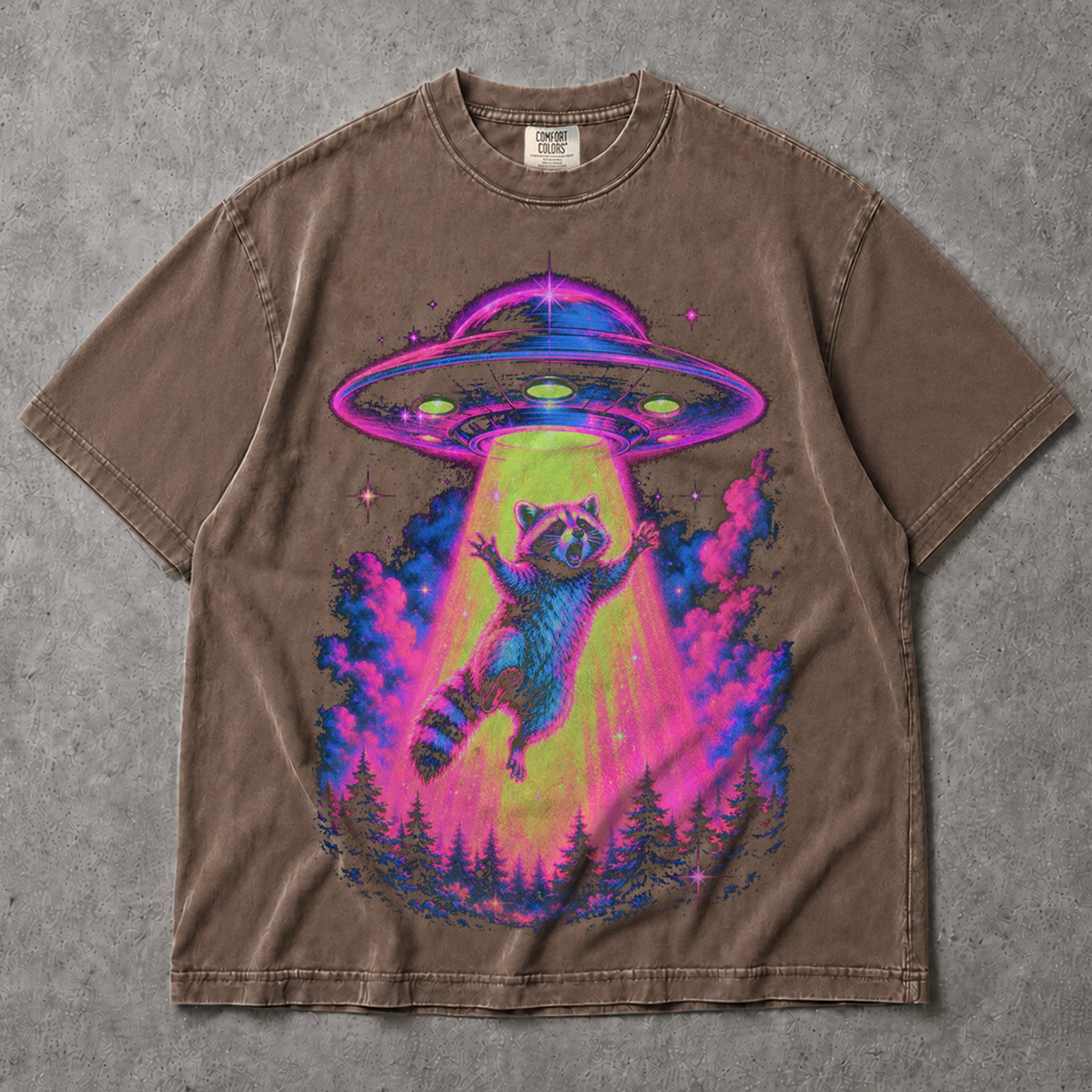 SF_COLOR=sport-grey|espresso; SF_ITEM=adult-t-shirt; SF_ROLE=main; Neon Raccoon UFO Abduction T-Shirt Funny Alien Tractor Beam Sci Fi Tee - Sport Grey, Espresso Adult T-Shirt product image