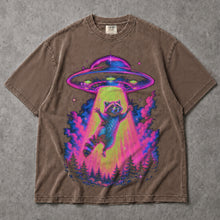 SF_COLOR=sport-grey|espresso; SF_ITEM=adult-t-shirt; SF_ROLE=main; Neon Raccoon UFO Abduction T-Shirt Funny Alien Tractor Beam Sci Fi Tee - Sport Grey, Espresso Adult T-Shirt product image