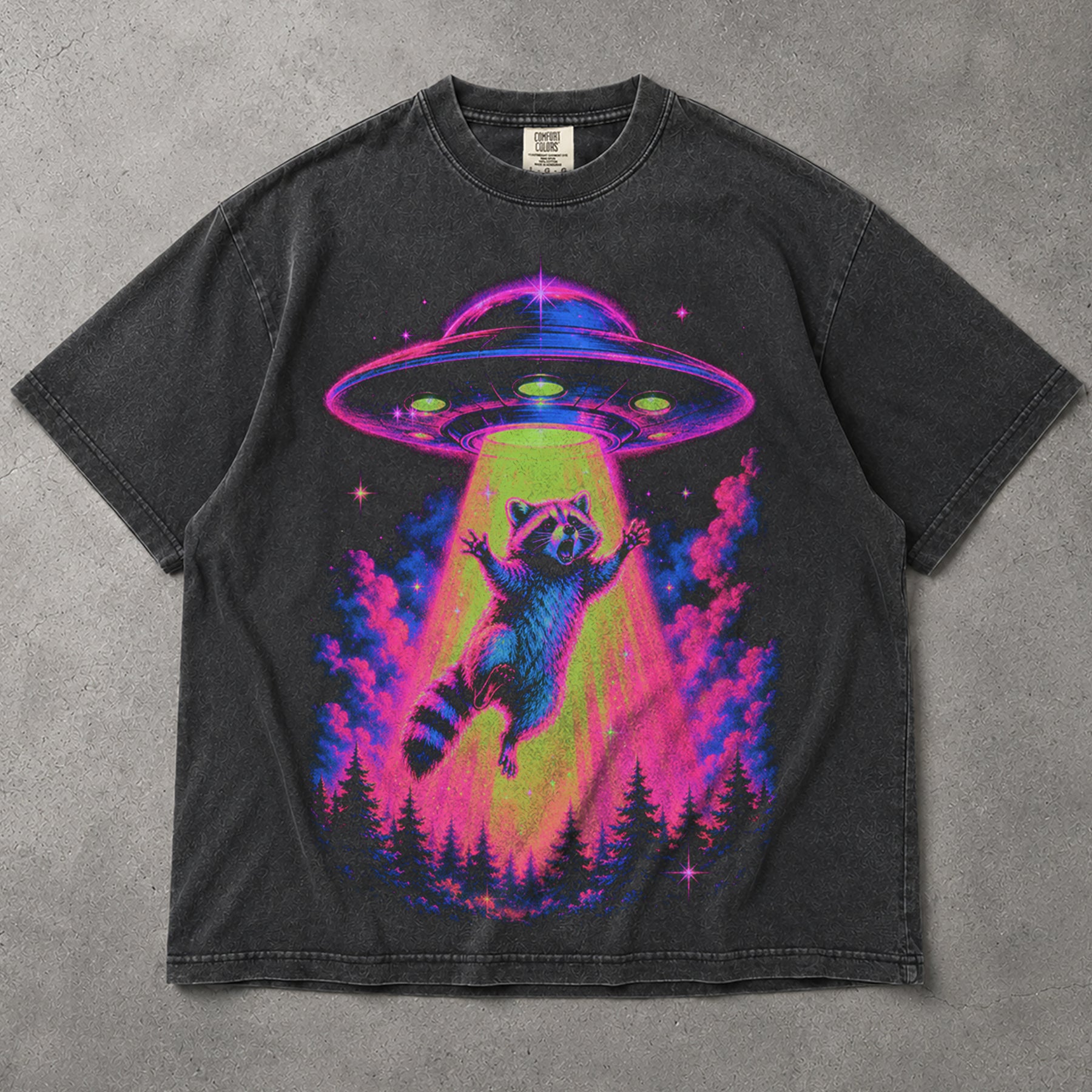 SF_COLOR=graphite; SF_ITEM=adult-t-shirt; SF_ROLE=main; Neon Raccoon UFO Abduction T-Shirt Funny Alien Tractor Beam Sci Fi Tee - Graphite Adult T-Shirt product image