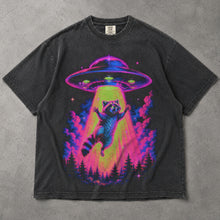 SF_COLOR=graphite; SF_ITEM=adult-t-shirt; SF_ROLE=main; Neon Raccoon UFO Abduction T-Shirt Funny Alien Tractor Beam Sci Fi Tee - Graphite Adult T-Shirt product image