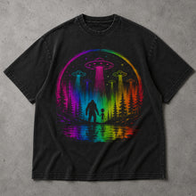 SF_COLOR=black; SF_ITEM=adult-t-shirt; SF_ROLE=main; Neon Rainbow UFO Bigfoot Alien T-Shirt Sci Fi Forest Abduction Tee - Black Adult T-Shirt product image