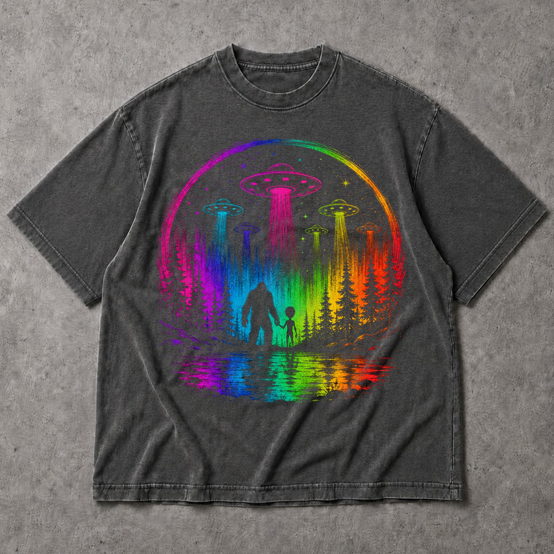 SF_COLOR=dark-heather; SF_ITEM=adult-t-shirt; SF_ROLE=main; Neon Rainbow UFO Bigfoot Alien T-Shirt Sci Fi Forest Abduction Tee - Dark Heather Adult T-Shirt product image