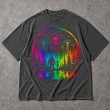 SF_COLOR=dark-heather; SF_ITEM=adult-t-shirt; SF_ROLE=main; Neon Rainbow UFO Bigfoot Alien T-Shirt Sci Fi Forest Abduction Tee - Dark Heather Adult T-Shirt product image
