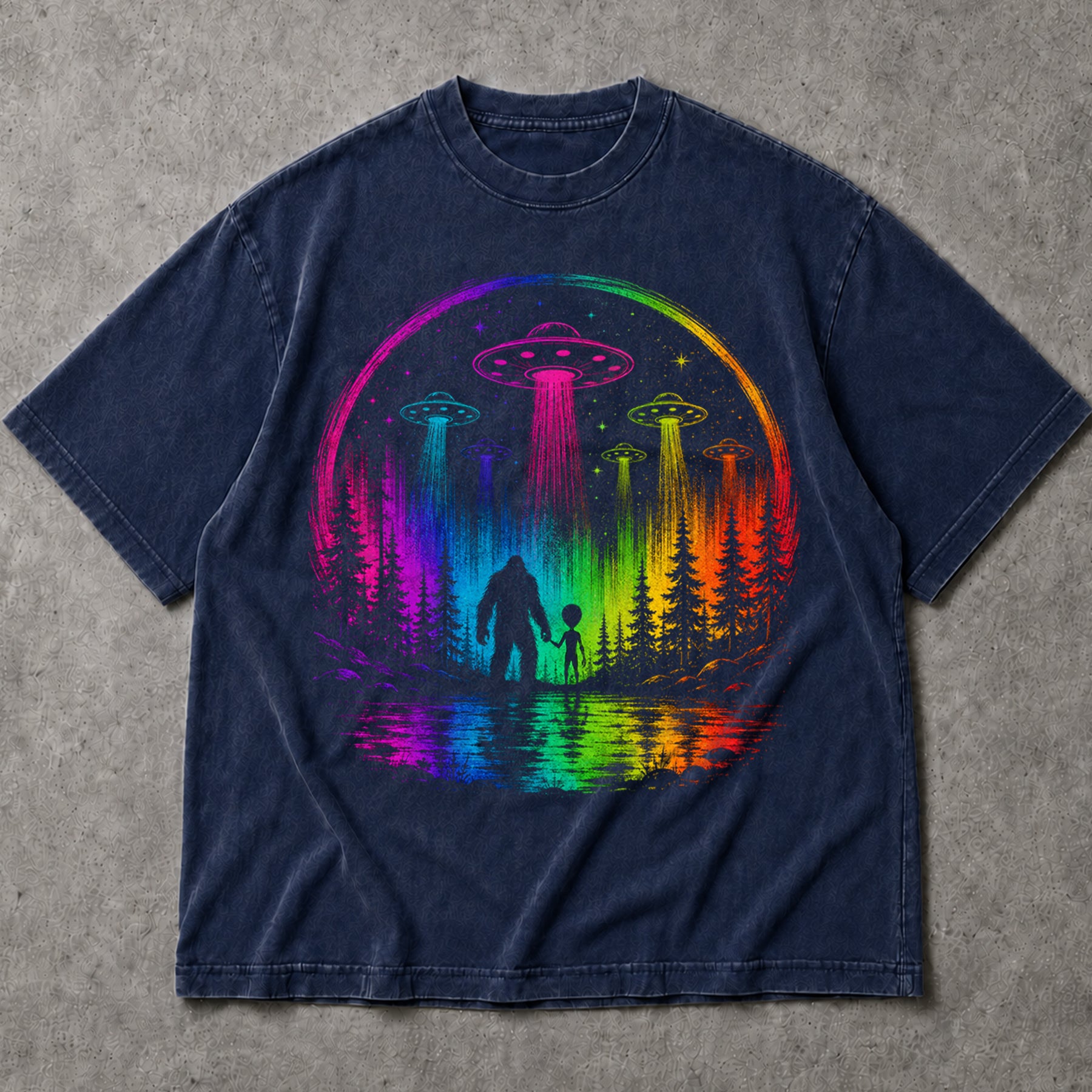 SF_COLOR=navy; SF_ITEM=adult-t-shirt; SF_ROLE=main; Neon Rainbow UFO Bigfoot Alien T-Shirt Sci Fi Forest Abduction Tee - Navy Adult T-Shirt product image