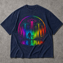 SF_COLOR=navy; SF_ITEM=adult-t-shirt; SF_ROLE=main; Neon Rainbow UFO Bigfoot Alien T-Shirt Sci Fi Forest Abduction Tee - Navy Adult T-Shirt product image