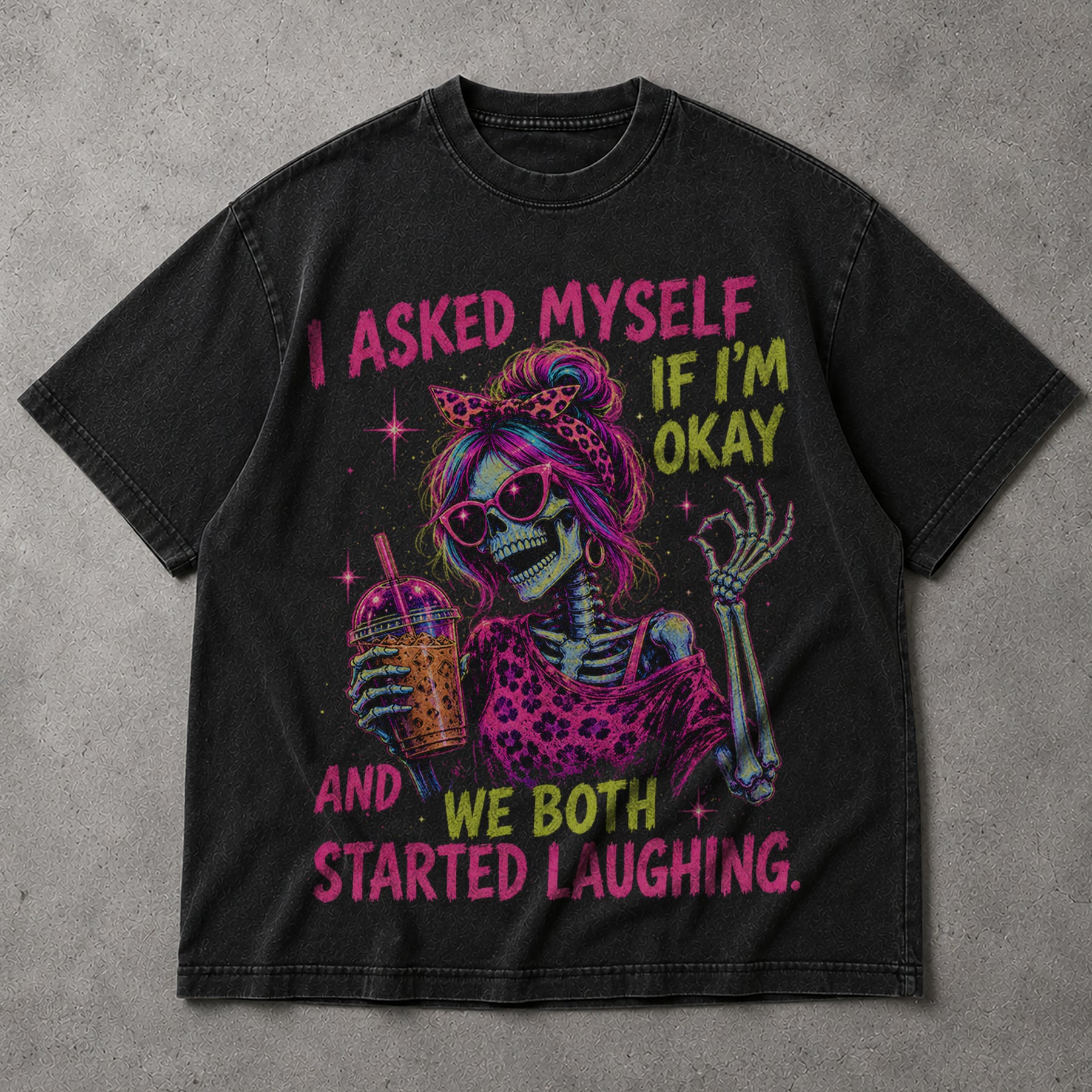SF_COLOR=black; SF_ITEM=adult-t-shirt; SF_ROLE=main; Neon Skeleton Drinking Coffee T-Shirt I Asked Myself If Im Okay Tee - Black Adult T-Shirt product image