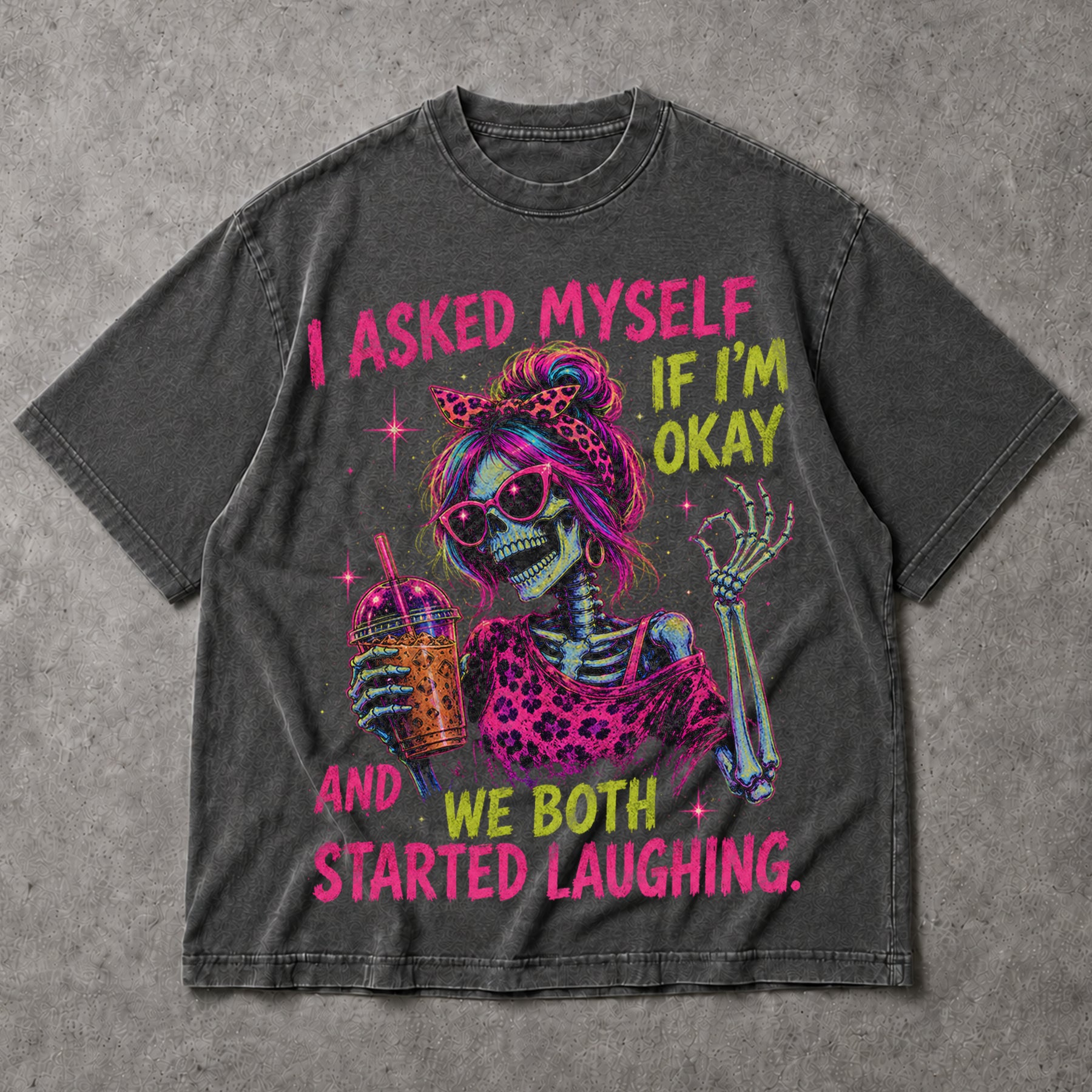SF_COLOR=dark-heather; SF_ITEM=adult-t-shirt; SF_ROLE=main; Neon Skeleton Drinking Coffee T-Shirt I Asked Myself If Im Okay Tee - Dark Heather Adult T-Shirt product image