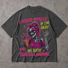 SF_COLOR=dark-heather; SF_ITEM=adult-t-shirt; SF_ROLE=main; Neon Skeleton Drinking Coffee T-Shirt I Asked Myself If Im Okay Tee - Dark Heather Adult T-Shirt product image