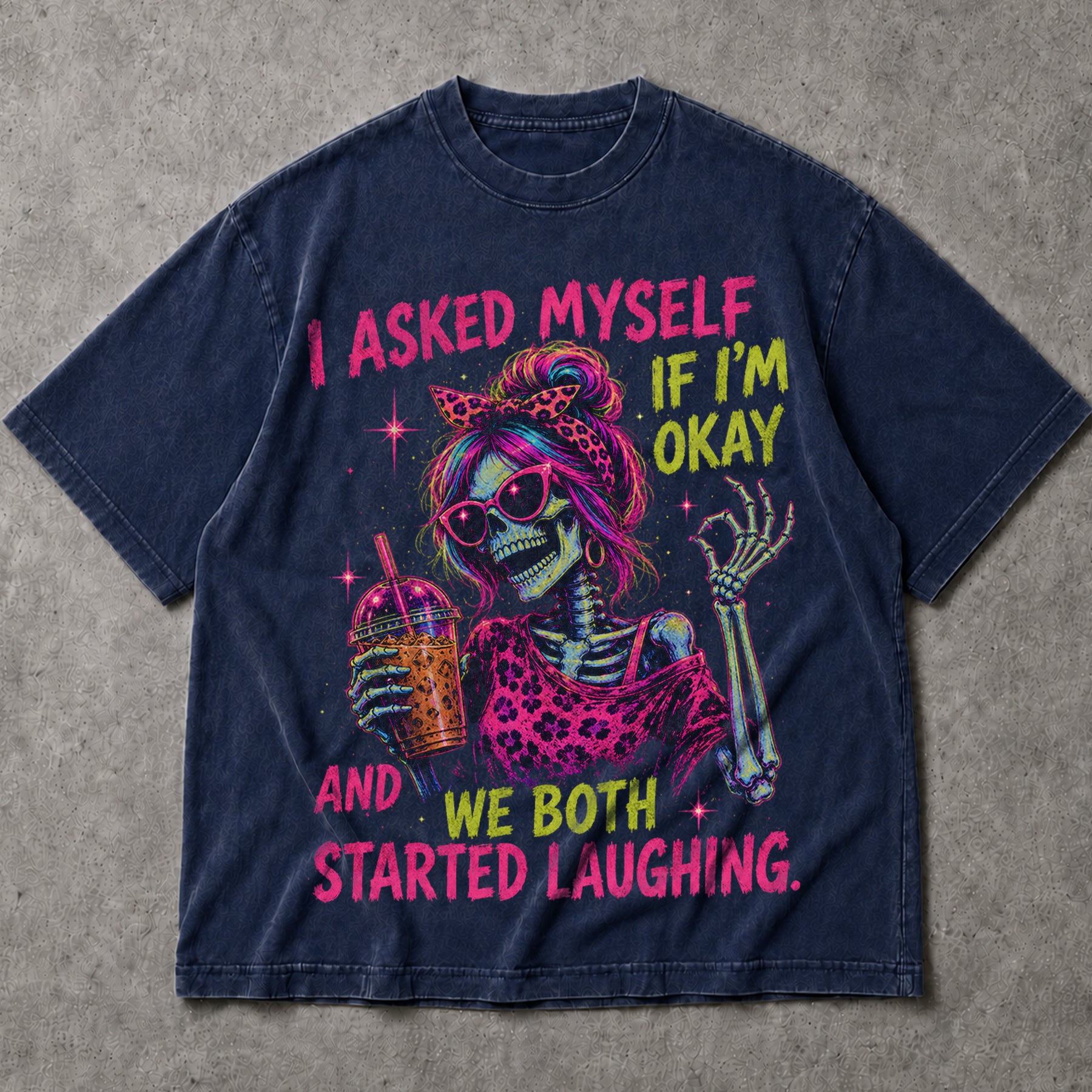 SF_COLOR=navy; SF_ITEM=adult-t-shirt; SF_ROLE=main; Neon Skeleton Drinking Coffee T-Shirt I Asked Myself If Im Okay Tee - Navy Adult T-Shirt product image