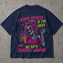 SF_COLOR=navy; SF_ITEM=adult-t-shirt; SF_ROLE=main; Neon Skeleton Drinking Coffee T-Shirt I Asked Myself If Im Okay Tee - Navy Adult T-Shirt product image