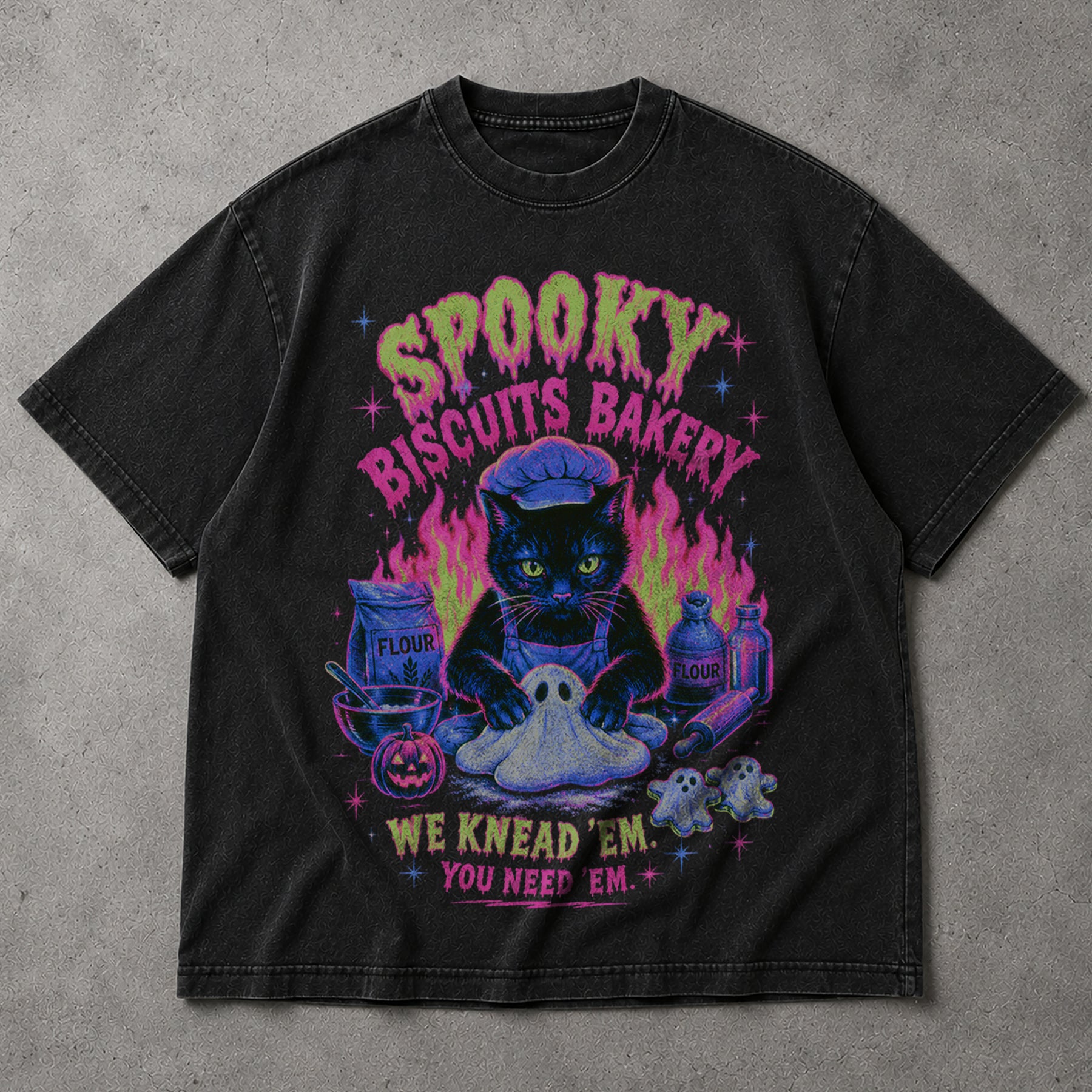 SF_COLOR=black; SF_ITEM=adult-t-shirt; SF_ROLE=main; Neon Spooky Biscuits Bakery Cat T-Shirt Halloween Ghost Dough Apparel - Black Adult T-Shirt product image