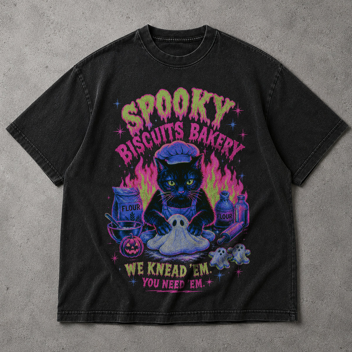 SF_COLOR=black; SF_ITEM=adult-t-shirt; SF_ROLE=main; Neon Spooky Biscuits Bakery Cat T-Shirt Halloween Ghost Dough Apparel - Black Adult T-Shirt product image